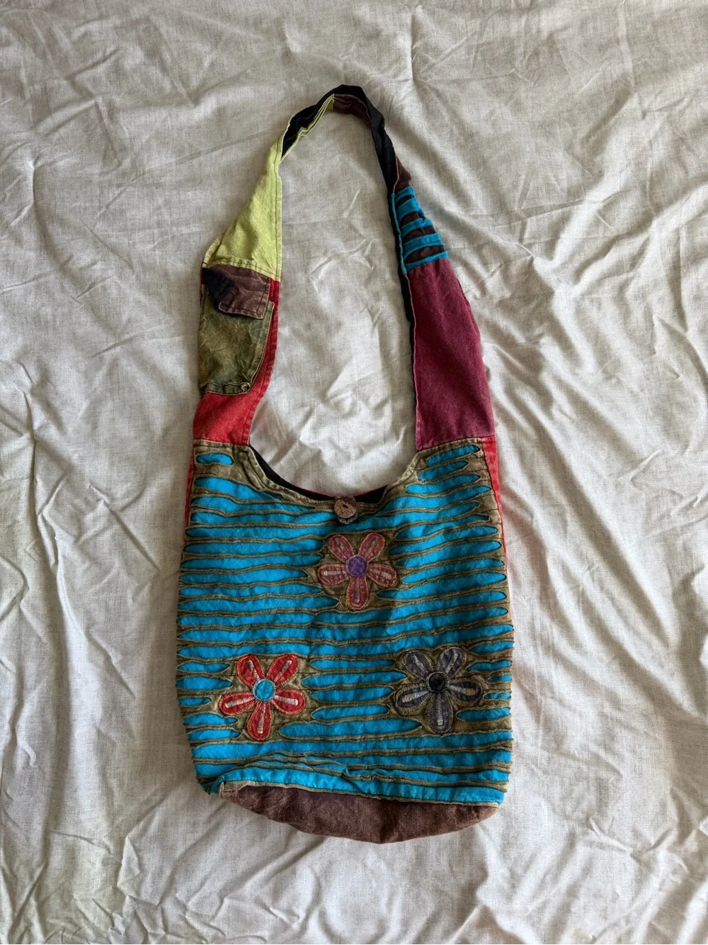Boho Hippie Floral Cutout Patchwork Shoulder Bag w/ Zippers (OS)